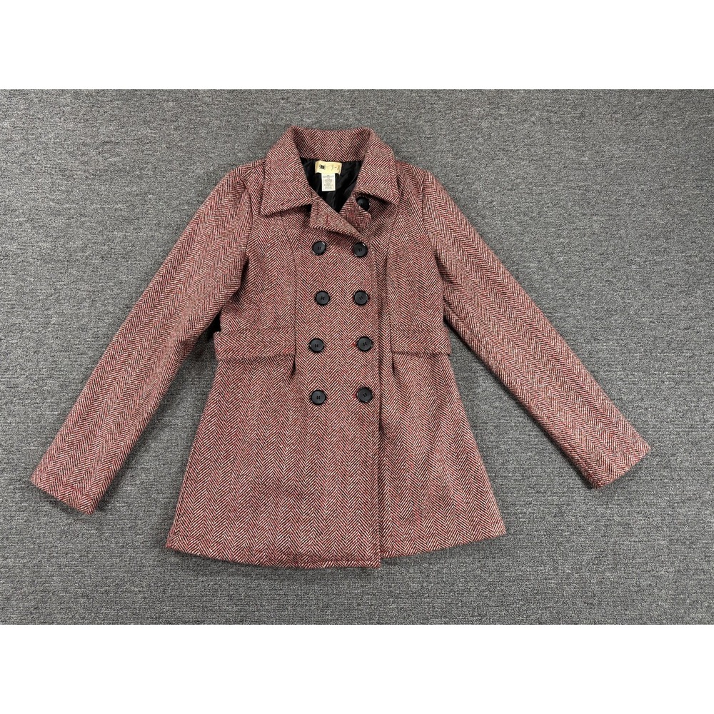 Needle & Thread Coat Womens Small Red‎ Herringbone Pea Coat Belted Lined Button